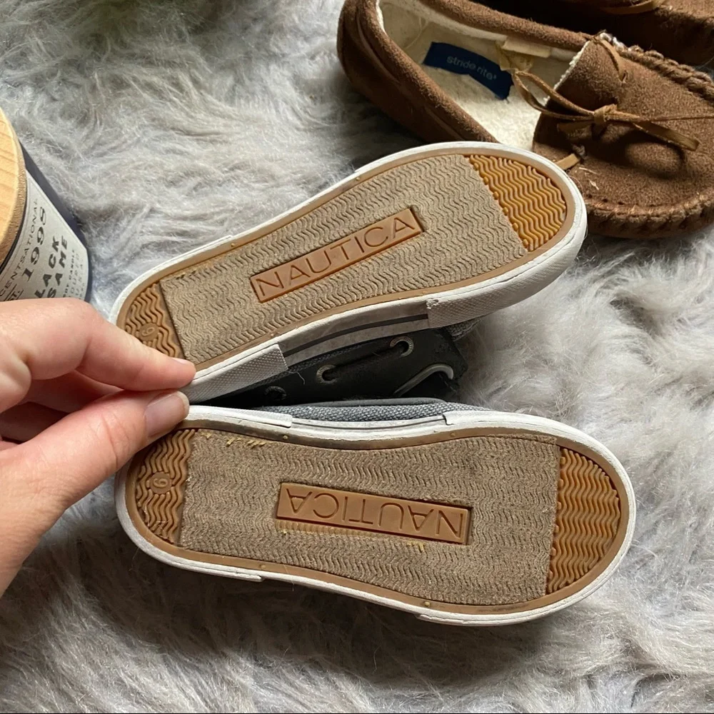 Nautica Toddler Boat Shoes Gray Blue Hook Loop Size 9 + Moccasins Lot